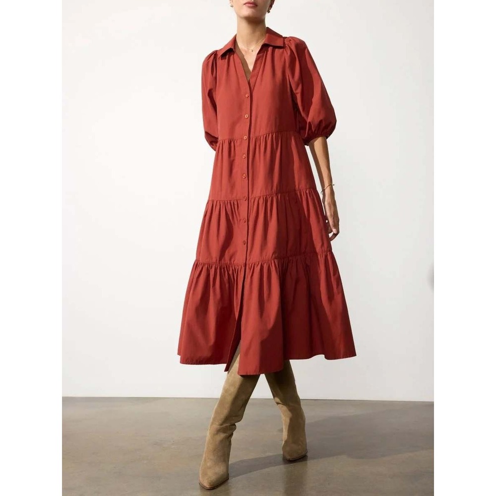 Brochu Walker Antigua Dress Tuscany Brown Tiered Puff Sleeve Midi Women Size L